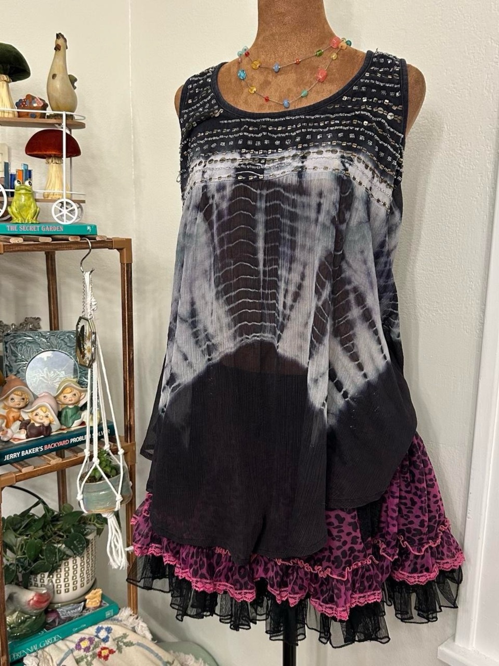 Y2K Grunge Boho Black + Grey Sheer Tie Dye Sequin Flowy Tank Top by Living Doll